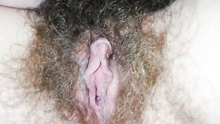 Quick masturbation in the bed Hairy pussy close up orgasm big clit cumming