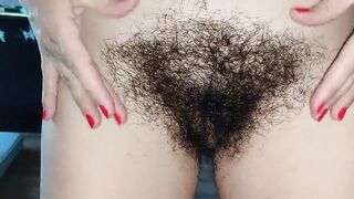 Amateur wife fingers her hairy pussy. Hot brunette hairy pussy, hairy bottom, big tits, big nipples.