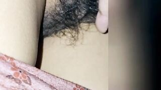 Husband playing with my dark hairy pussy