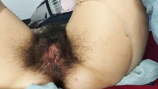 Horny mom undresses and masturbates with moans. Naughty sexy milf tries on naked clothes. Hairy latina pussy tries on clothes in