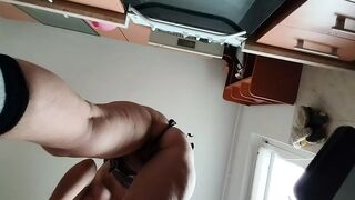 Brunette with hairy pussy, big tits, sensual and hairy woman in the kitchen. 9327